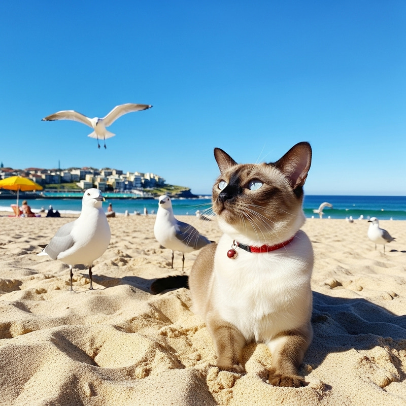 Tonkinese Cat at Bondi Beach: Beautiful Aqua-Blue Eyes