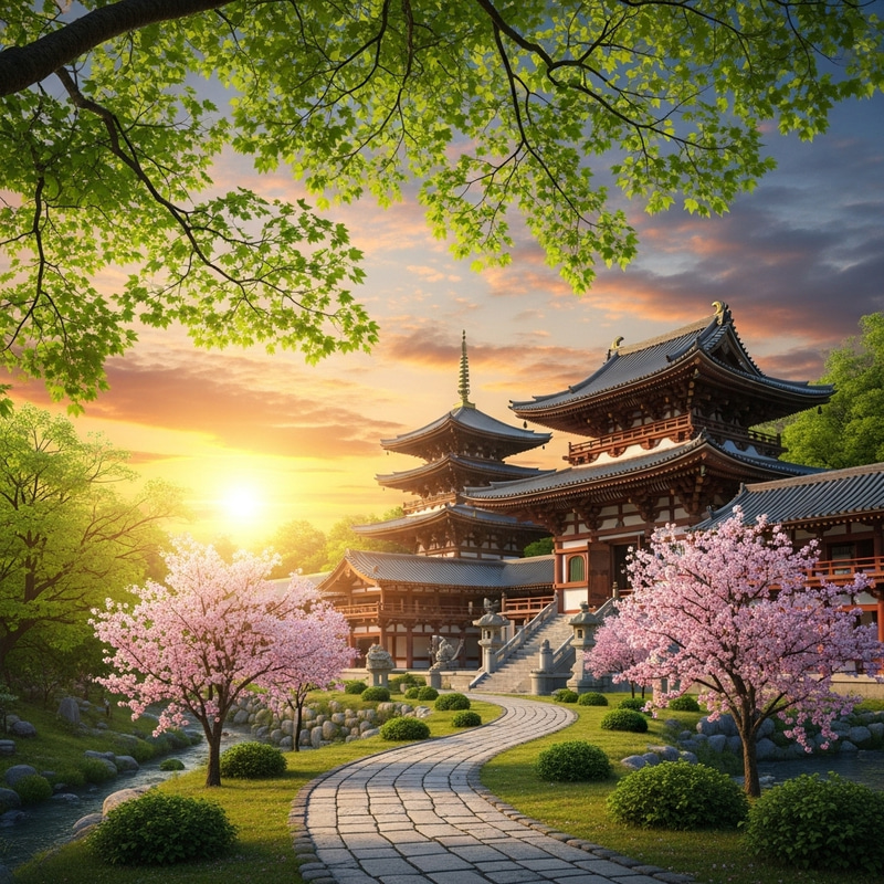 Tranquil Buddhist Temple Surrounded by Nature