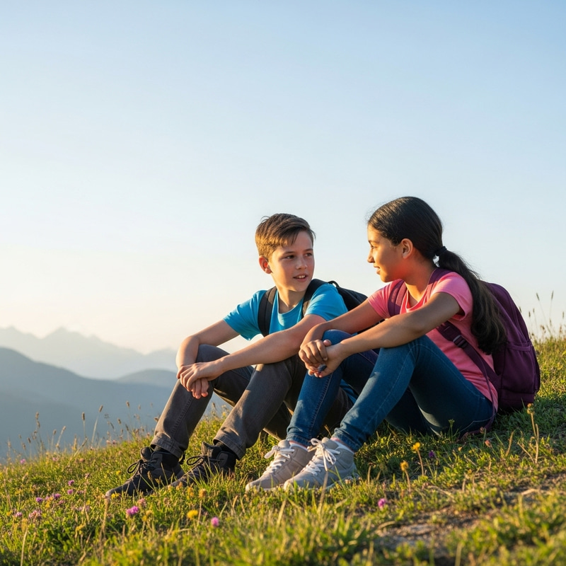 Childhood Friendship - Intense Conversation on Mountain Slope Childhood Friendship - Intense Conversation on Mountain Slope