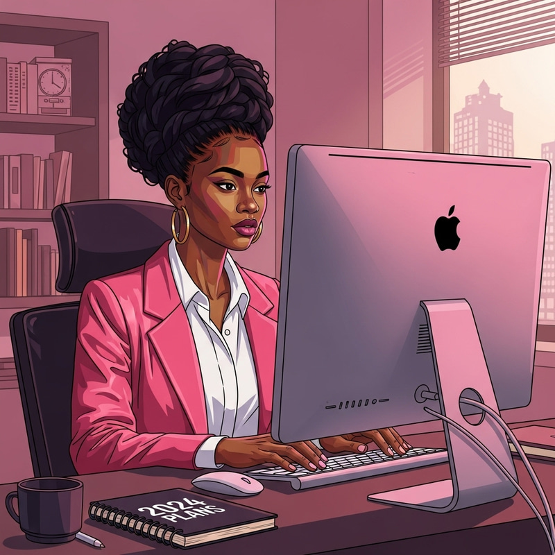 Stunning Black Woman in Modern Office with Pink and Gold Theme Stunning Black Woman in Modern Office with Pink and Gold Theme
