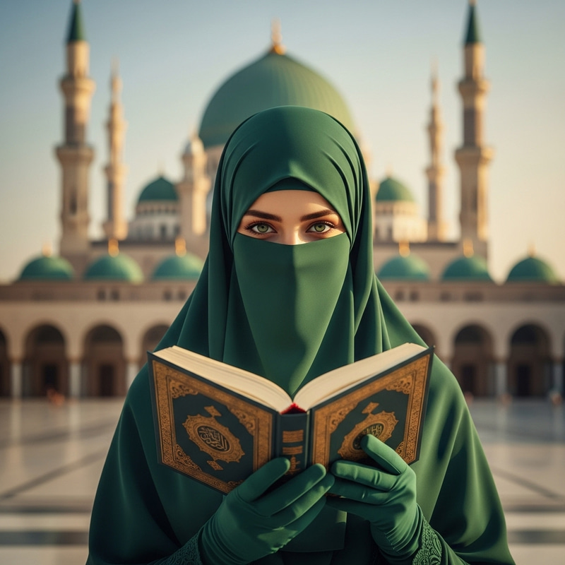 Elegant Muslim Woman in Green Niqab with Open Quran Elegant Muslim Woman in Green Niqab with Open Quran