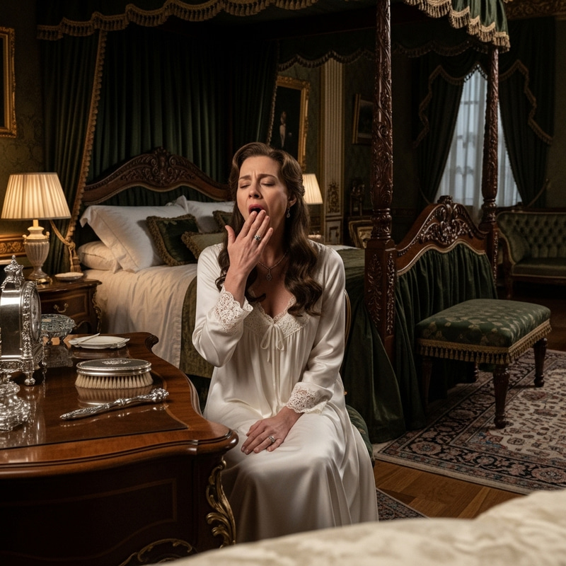 Regal Monarch Yawning: Elegant Bedtime Yawn in Royal Bedroom