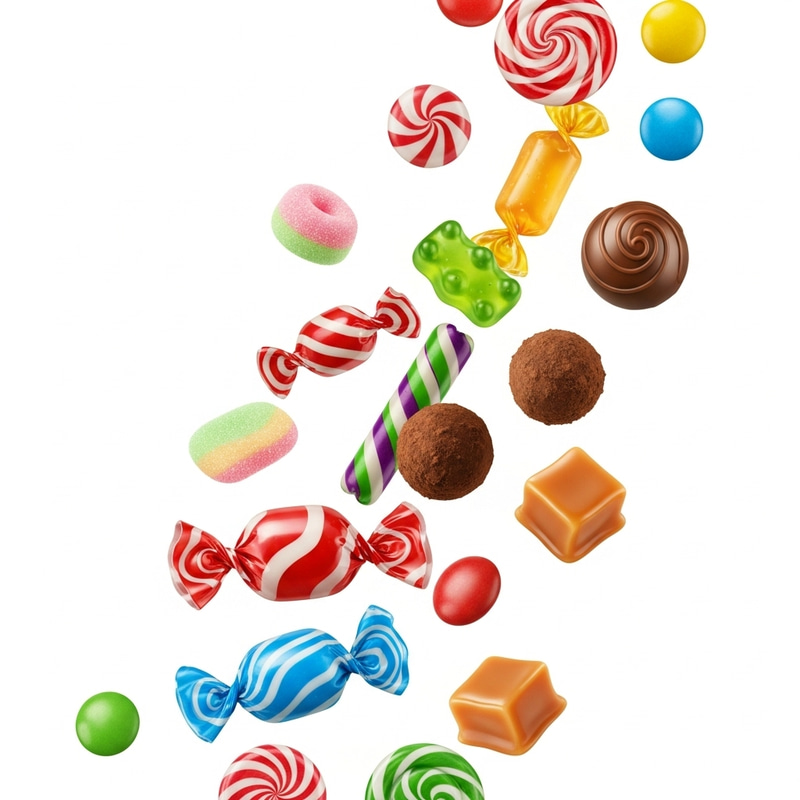 Vibrant Flying Candies in Ultra-Realistic Detail Vibrant Flying Candies in Ultra-Realistic Detail