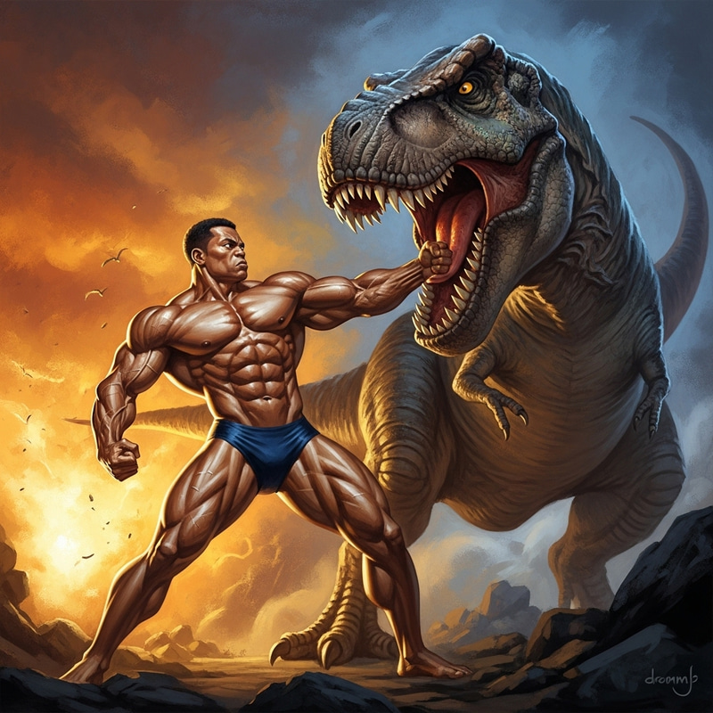 Intense Bodybuilder vs T-rex Showdown: Dynamic Comic Art Scene Intense Bodybuilder vs T-rex Showdown: Dynamic Comic Art Scene