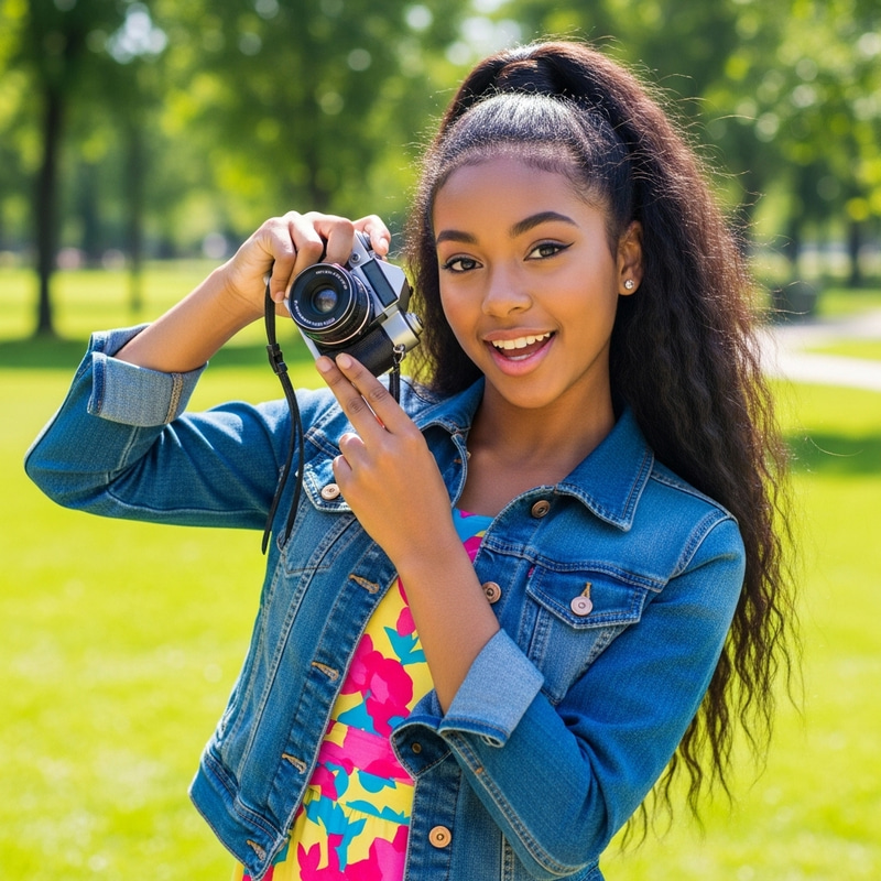 Create a Stylish Teenage Girl in Denim Jacket with Vintage Camera