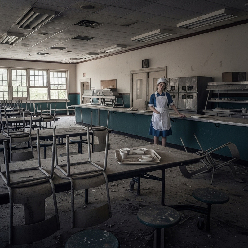 Eerie Abandoned School Cafeteria with Ghostly Lunch Lady Watching Eerie Abandoned School Cafeteria with Ghostly Lunch Lady Watching