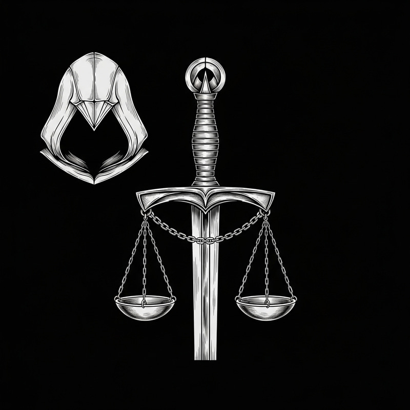 Medieval Sword with Hanging Scales and Assassin's Hood on Guard Medieval Sword with Hanging Scales and Assassin's Hood on Guard