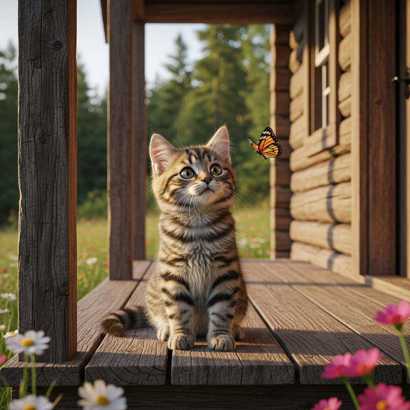 Serene Fluffy Tabby Cat Watching Butterfly on Cabin Porch
