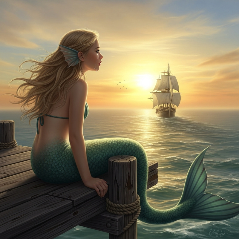 Enchanting Mermaid on Dock at Sunset - Fantasy Seaside Scene Enchanting Mermaid on Dock at Sunset - Fantasy Seaside Scene