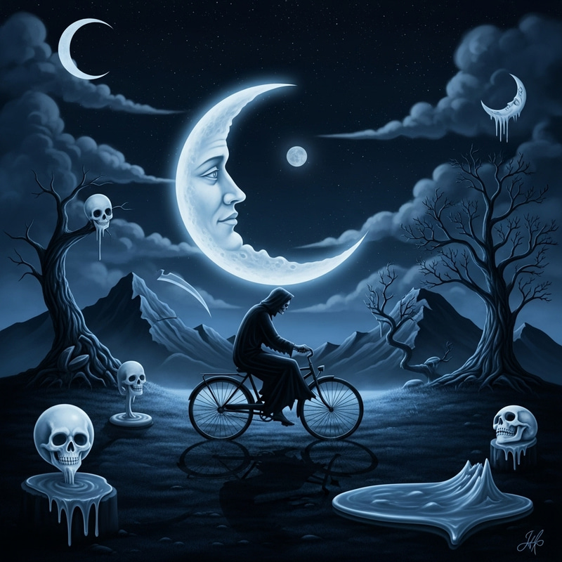 Whimsigoth Grim Reaper Riding Bicycle Under Moonlight | Surreal Art Whimsigoth Grim Reaper Riding Bicycle Under Moonlight | Surreal Art