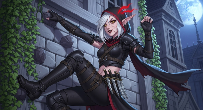 Moonlit Elf Girl Wall Climbing Art - Spider-like Agility Sketch