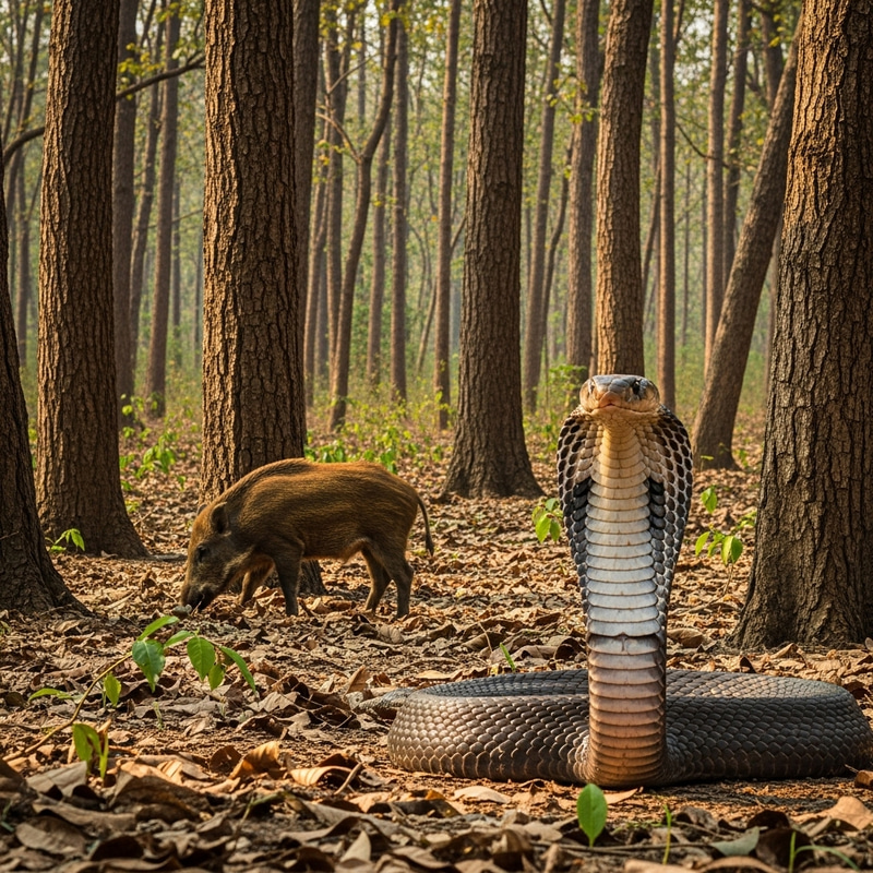 Cobra Snake and Wild Boar in Forest Encounter