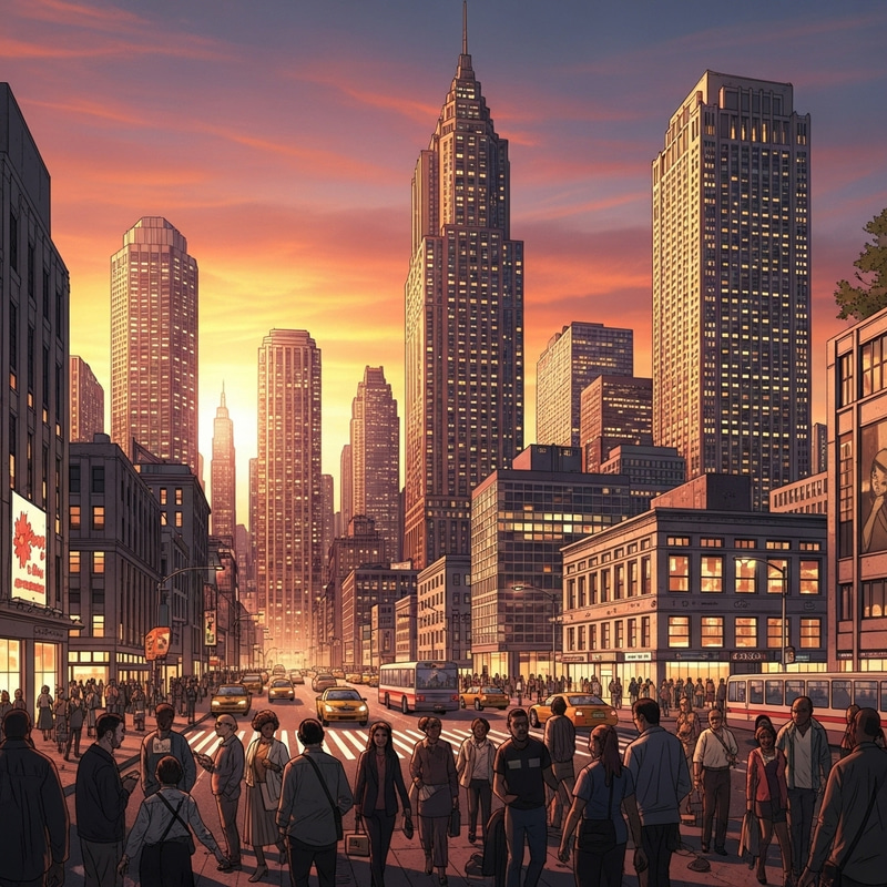 Scenic Cityscape Review: Towering Skyscrapers at Sunset