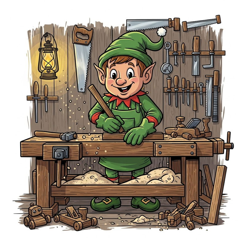 Christmas Elf Carpenter | Festive Workshop Cartoon Illustration Christmas Elf Carpenter | Festive Workshop Cartoon Illustration