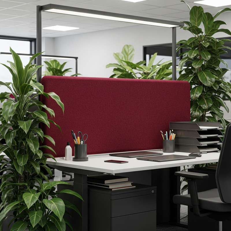 Modern Office Workstation with Red Felt Screen and Tropical Plants