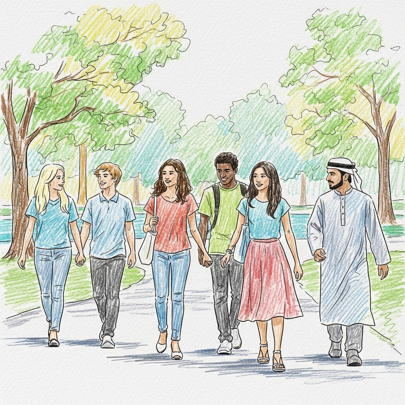 Diverse Group Enjoying Stroll in Vibrant Park Sketch