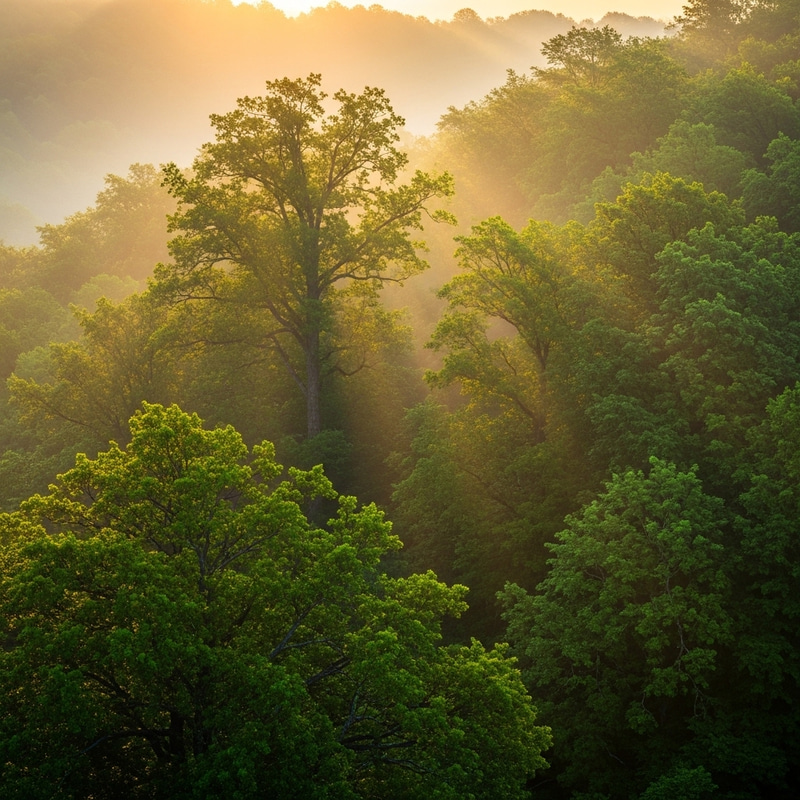 Serene Sunrise in Lush Mountain Forest - Ethereal Nature Beauty