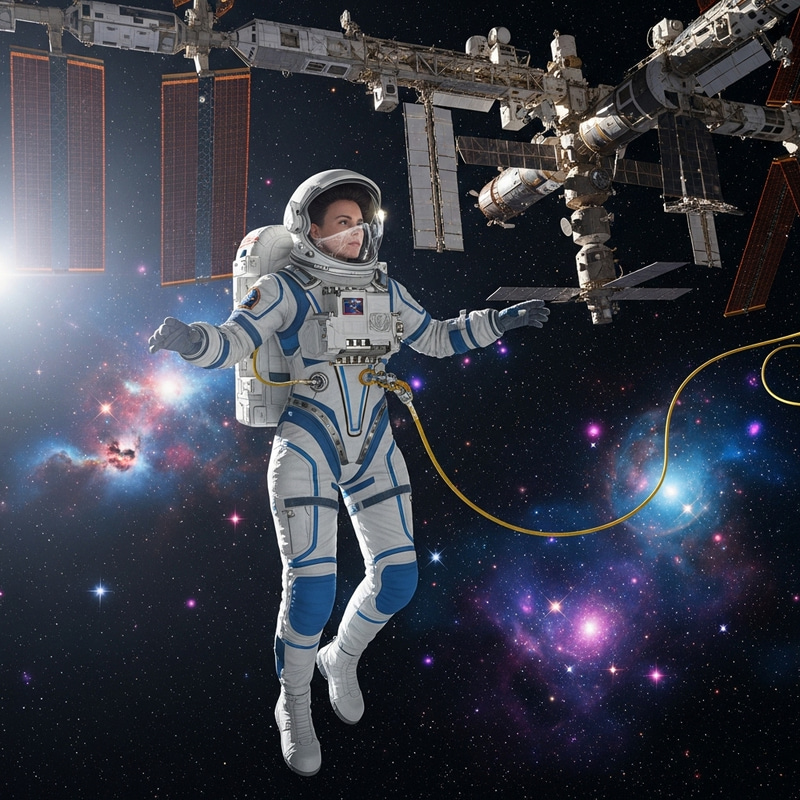 Female Astronaut in Space - Captivating Orbital Scene Female Astronaut in Space - Captivating Orbital Scene