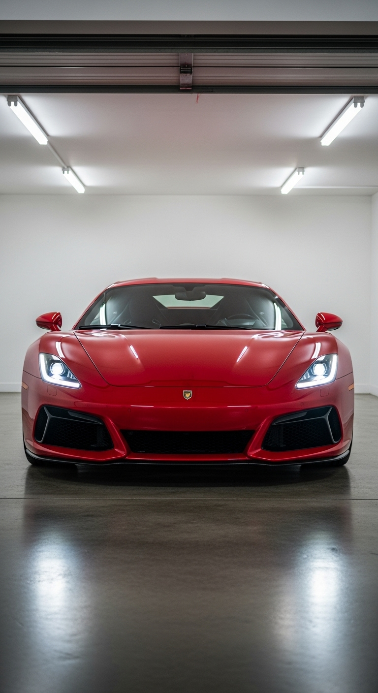 Detailed Front View of Sleek Red Ferrari in Garage Detailed Front View of Sleek Red Ferrari in Garage
