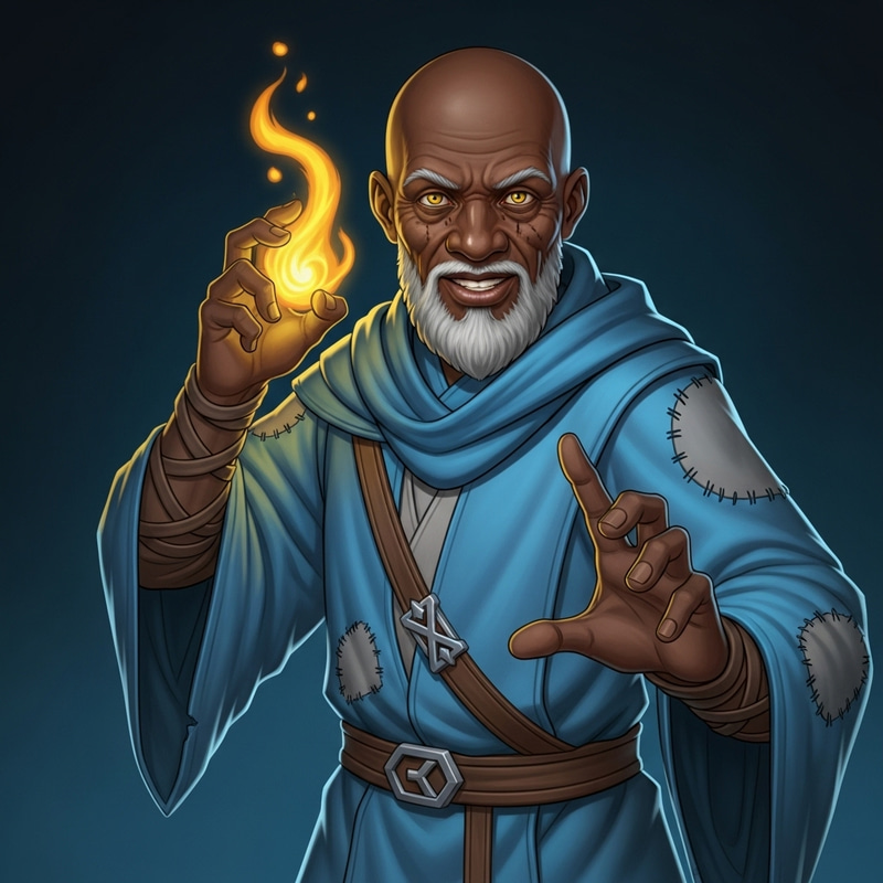 Elderly Black Mage in Luminescent Blue Robe