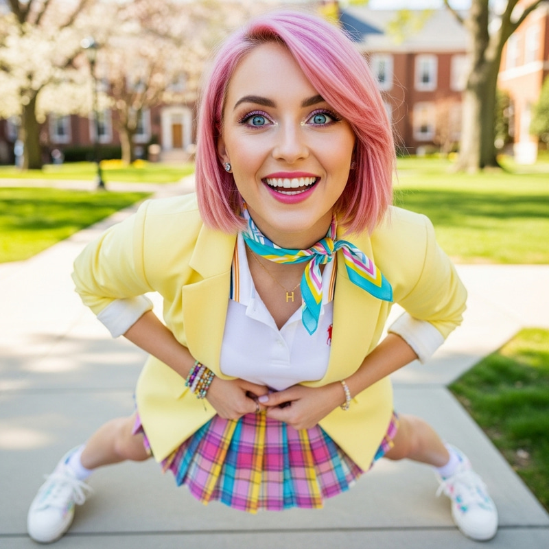 Preppy Style Girl with Short Pink Hair & Blue Eyes Preppy Style Girl with Short Pink Hair & Blue Eyes