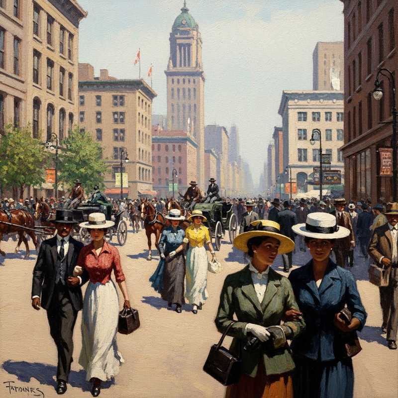 Bustling Plaza Scene: Early 20th Century American Cityscape by William Derrick