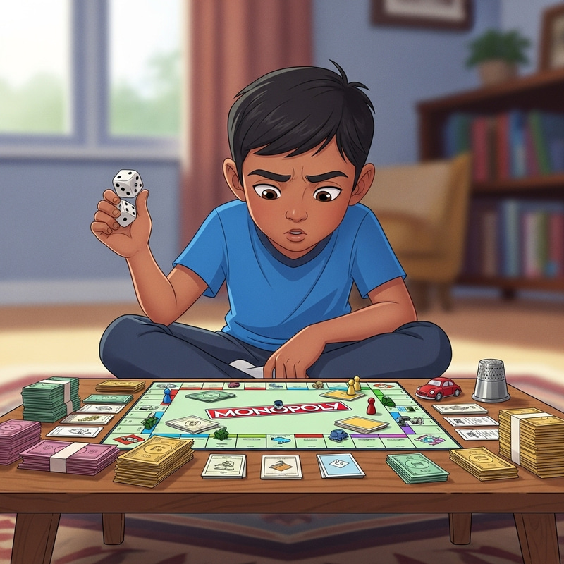 Young Boy Playing Monopoly Game with Dice - Mhaya Young Boy Playing Monopoly Game with Dice - Mhaya