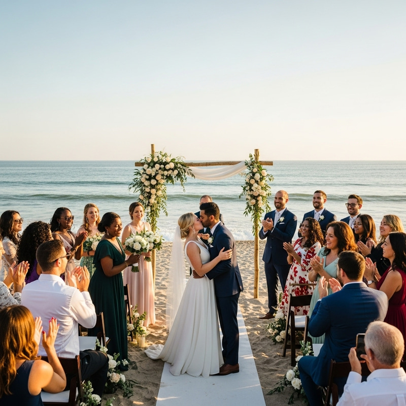 Beach Wedding Celebration | crowd-cheered Newlyweds' Romantic Kiss Beach Wedding Celebration | crowd-cheered Newlyweds' Romantic Kiss