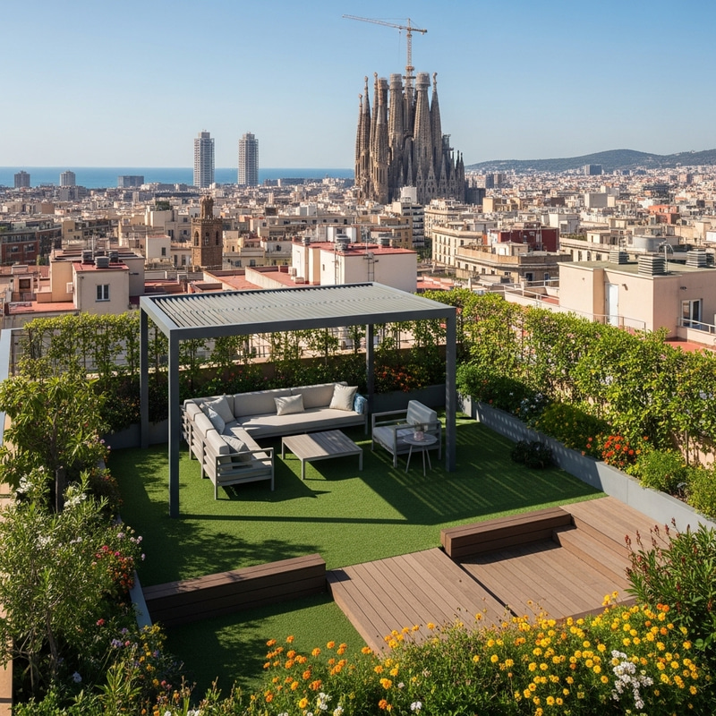 Barcelona Cityscape Rooftop Terrace with Synthetic Decking, Pergola, and Chillout Zone Barcelona Cityscape Rooftop Terrace with Synthetic Decking, Pergola, and Chillout Zone