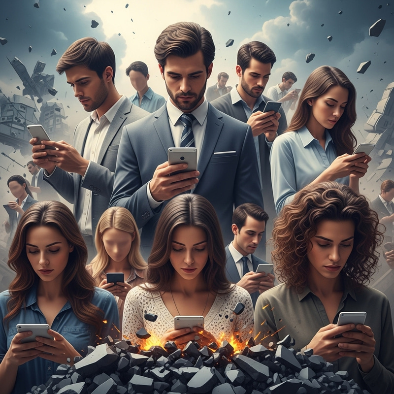 Dreamlike Scene of Faceless Beings Amid Digital Distraction