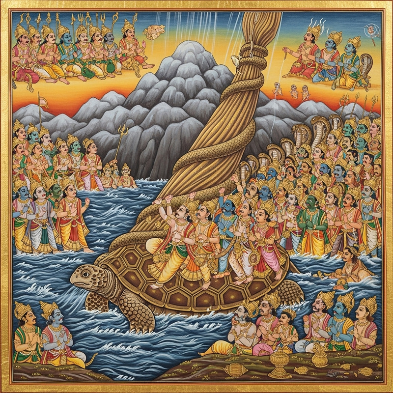 Samudra Manthan: Vibrant Artistic Representation of Divine Kurma Avatar Samudra Manthan: Vibrant Artistic Representation of Divine Kurma Avatar