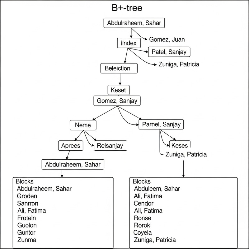 Visual Representation: B+-Tree Index for 152 Names Data Set Visual Representation: B+-Tree Index for 152 Names Data Set