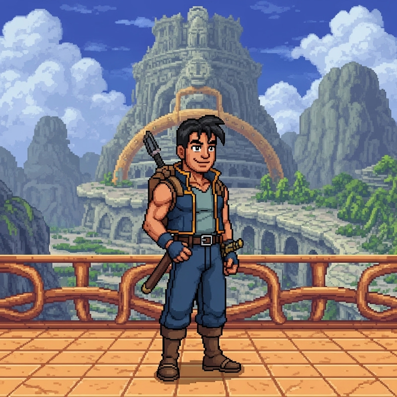 Classic PS2 Game Pixel Art: Black-Haired Man Smiling in Retro Adventure