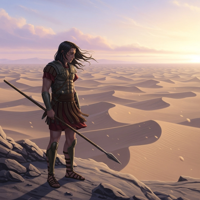 Animated Sorrowful Young Hellenic Warrior at Desert Dawn