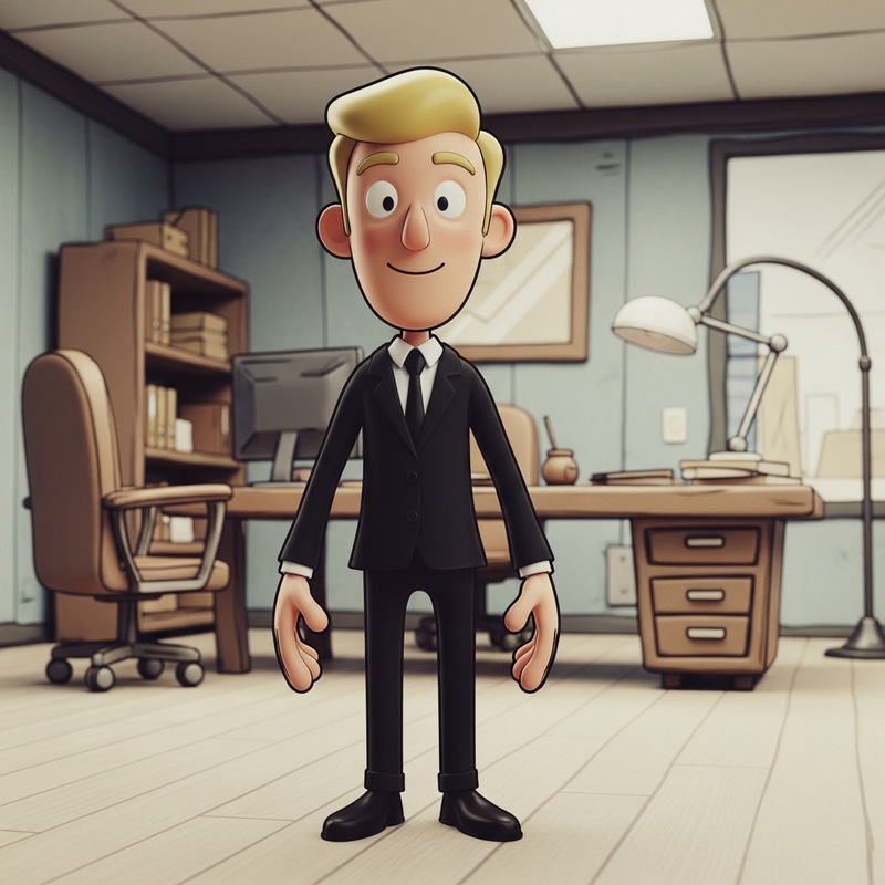 Blonde Man in Black Suit in Pixar-Style Office 3D Animation Blonde Man in Black Suit in Pixar-Style Office 3D Animation