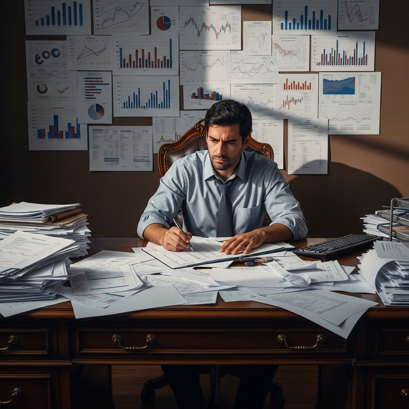 Stressed Accountant Sorting Unpaid Invoices for Review