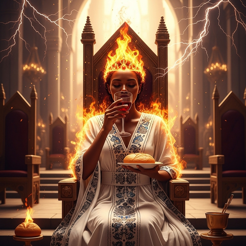 Glowing Black Queen in New Jerusalem Throne Room | Holy Communion Scene Glowing Black Queen in New Jerusalem Throne Room | Holy Communion Scene