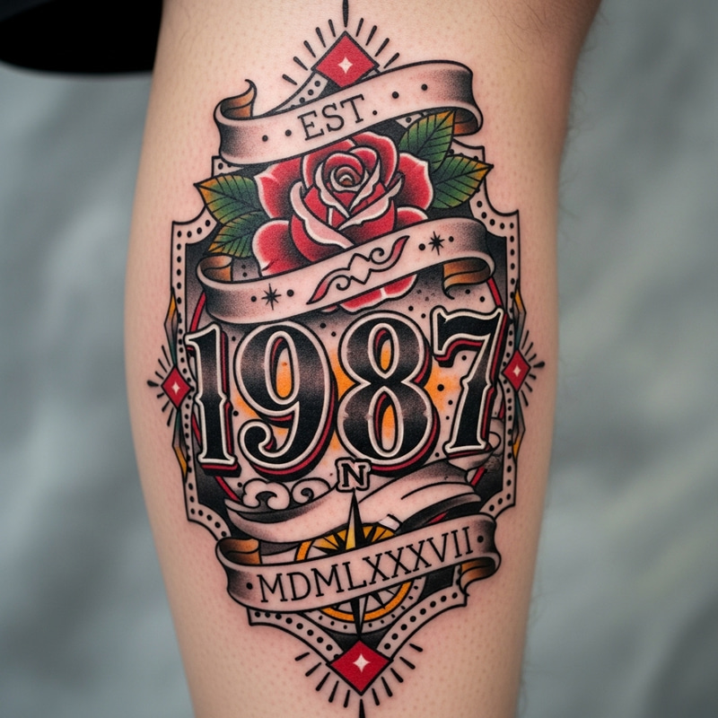 Neotraditional Leg Tattoo of Numbers