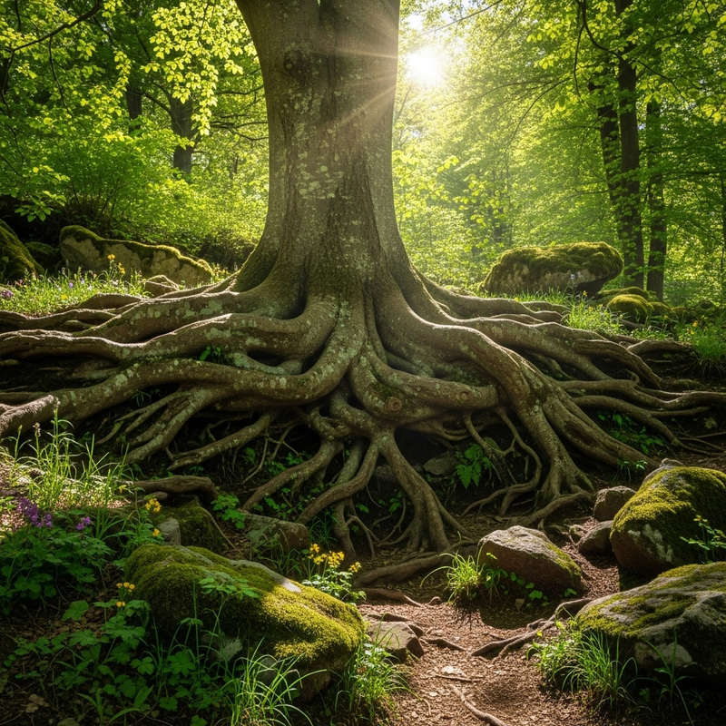 Roots for Centre in Lush Forest Scene | Natural Beauty