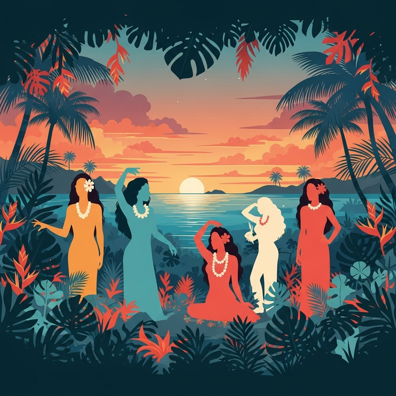 Graceful Polynesian Women in Vibrant Minimalism