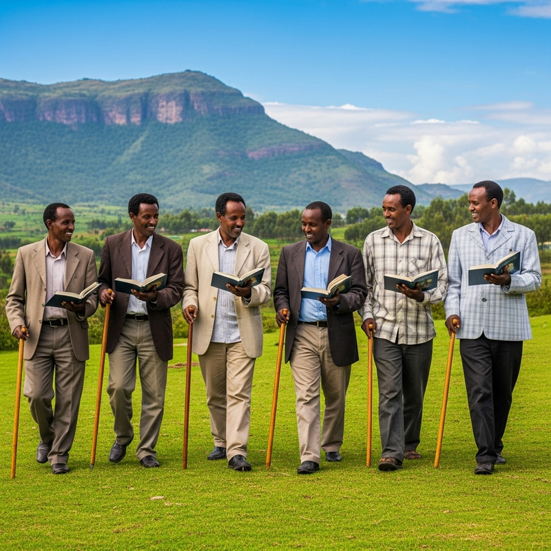 Ethiopian Pop Group Walking with Books and Church Sticks in Beautiful Scenery Ethiopian Pop Group Walking with Books and Church Sticks in Beautiful Scenery