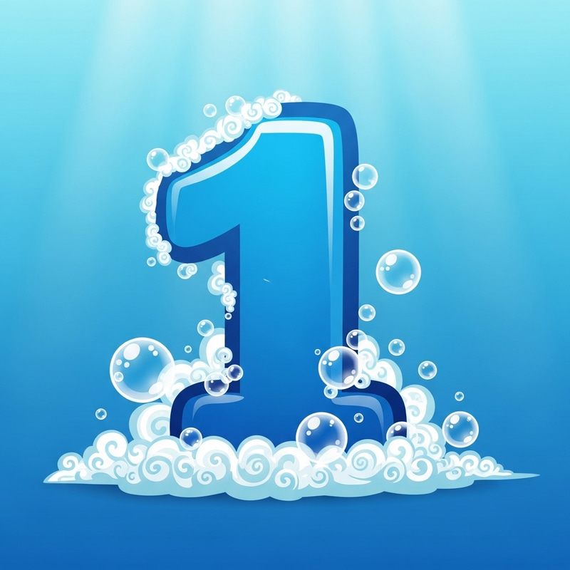 Blue Cartoon Number One with Bubbles and Sea Foam Drawing