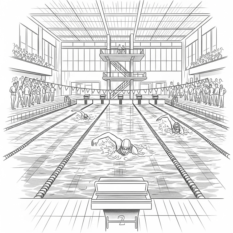 Architectural Pencil Sketch of Swimming Sport Scene