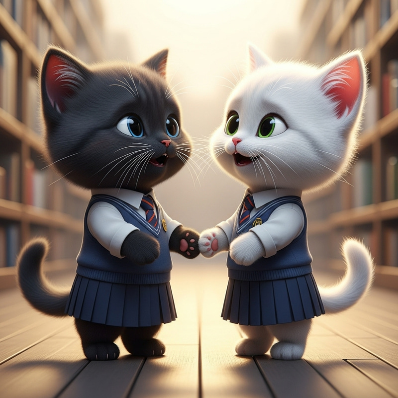 Adorable Cartoon Black and White Cats in School Uniforms Adorable Cartoon Black and White Cats in School Uniforms
