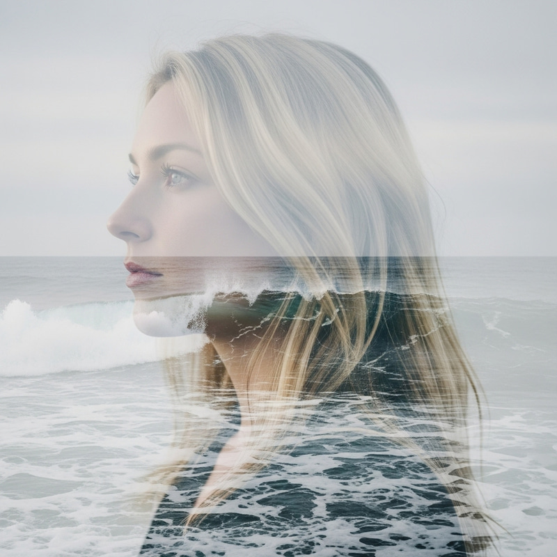 Blond Lady Ocean Waves Double Exposure Portrait