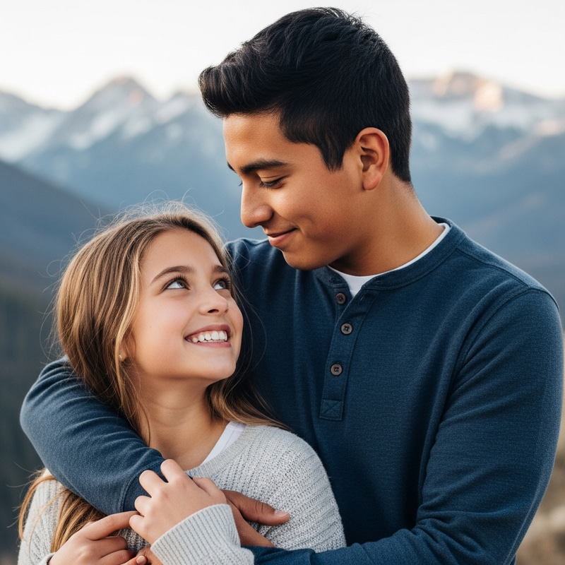 Blonde-Brunette Girl Embracing Tall Hispanic Boy with Snowy Mountains