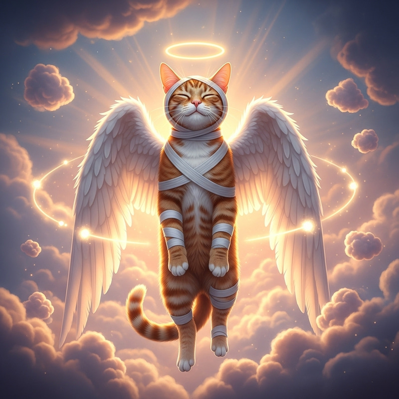 Red Cat with Angel Wings: A Heavenly Saint Among Clouds