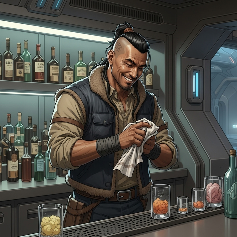 Rugged Intergalactic Bartender with Lumberjack Style | Inclusive Galaxy Bar Scene Rugged Intergalactic Bartender with Lumberjack Style | Inclusive Galaxy Bar Scene