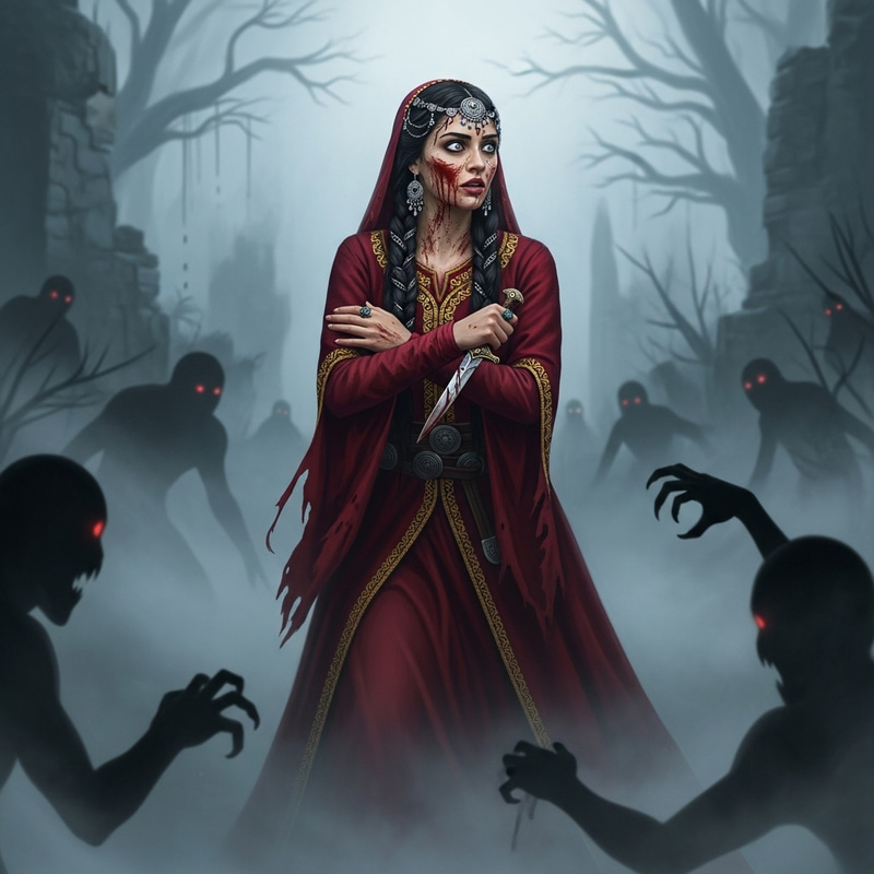 Realistic Medieval Woman Surrounded by Terrifying Shadows and Fog Realistic Medieval Woman Surrounded by Terrifying Shadows and Fog