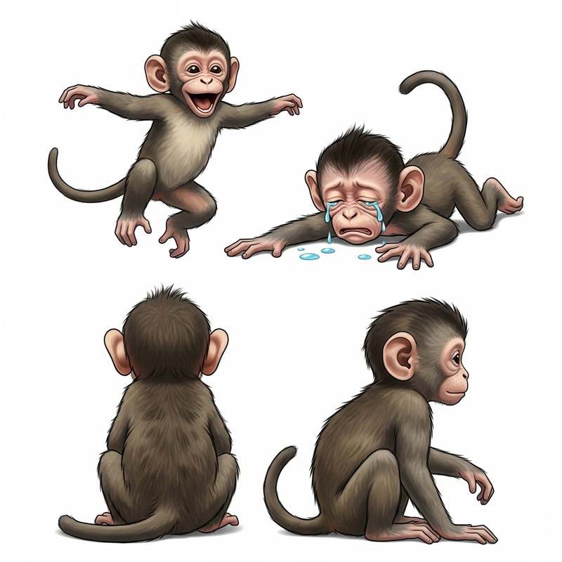 Cute Baby Monkeys in 2D Art: Jumping, Crying, Back & Side Pose